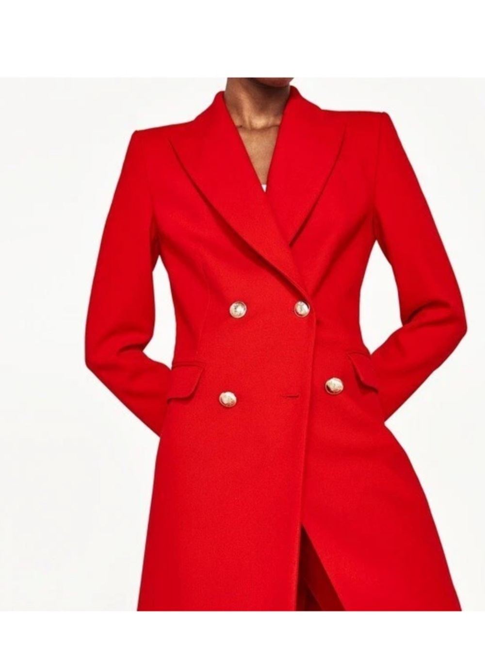 Zara Vibrant Red Double-Breasted Tailored Blazer Coat with Gold Buttons